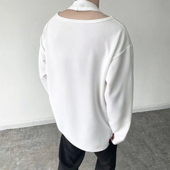 Hearujoy Mens Autumn Personalized Fake Two-Piece Hollow Sexy Long-Sleeve T-Shirts Genderless Fashion Korean Loose Solid Color Tops Unisex
