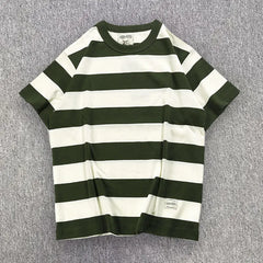 HEARUJOY  -  Heavyweight Pure Cotton Round Neck T-shirt for Men Locomotive Styles Streetwear Summer Casual Men Short Sleeve Stripe Tshirt Top