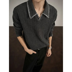 HEARUJOY  -  Men's Wheat Ear Pattern Short Sleeve Polo Shirt Trendy Textured Regular Shoulder Long Sleeve Loose Casual Base Layer T-shirt