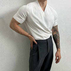 HEARUJOY  -  Summer New Men's Solid Color V-Neck T-Shirt American Retro Fashion Trend Simple Casual Loose Breathable Niche 2025 Men's Tops