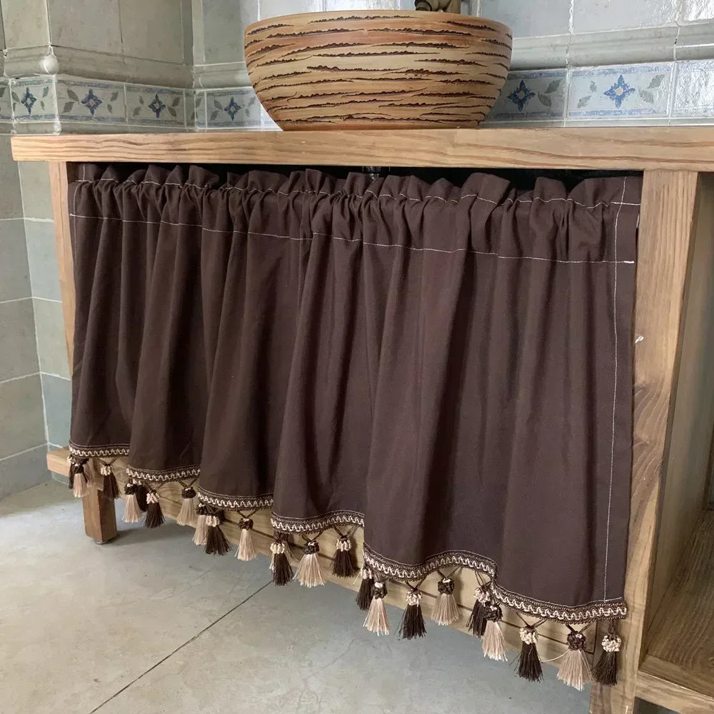 YICKYUE  -  Retro Nordic Coffee Door Curtain Half Curtain Dustproof  Half Shading Modern Short Curtain Tassels Valance  Kitchen Window
