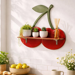 YICKYUE  -  Cherry Shaped Pine Wood Wall Shelf, Creative Floating Plant Organizer for Kids Room Living Room Home Aesthetic Decor