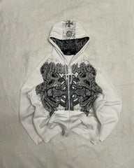 Hearujoy Affliction Street Hoodie Y2K Retro Gothic Skull Oversize Zipper Hoodie Mens Womens Hip Hop Casual Sweatshirt Personality Hoodie
