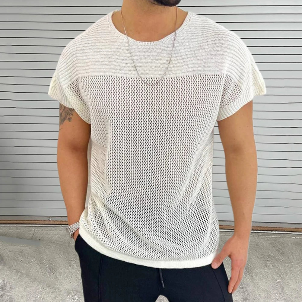 HEARUJOY  -  Comfort Men Top T-shirts O Neck Hollow Out Knitted Knitting Loose Regular Short Sleeve Solid Sports Stylish Summer