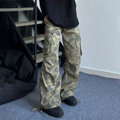 Hearujoy Mens Y2k American Retro Pocket Camouflage Straight Pants Genderless Trendy Hip-Hop Workwear Style Loose Wide-Leg Pants Unisex