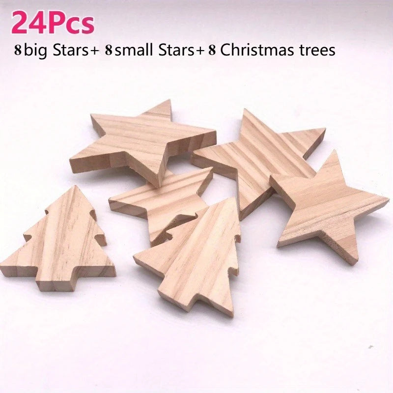 YICKYUE  -  18/24pc Solid Wood Christmas Tree Star Ornaments Christmas Decor 3D Wood Texture Craft Ornament Home Table Xmas Decorations 2027
