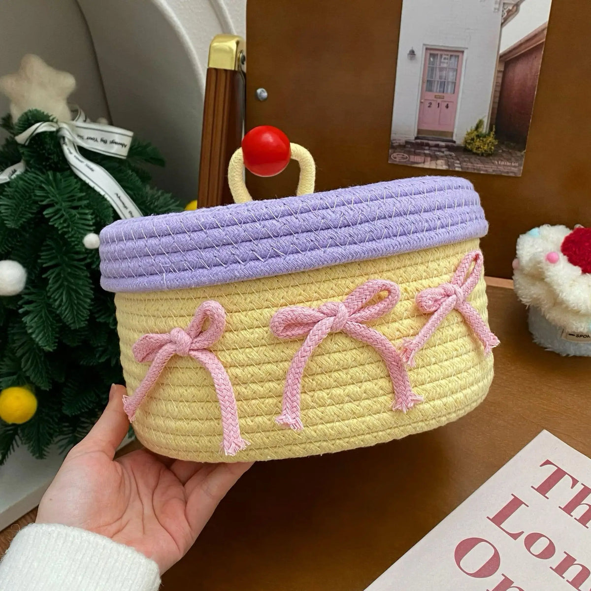 YICKYUE  -  1PCS Cotton Rope Storage Basket with Lid – Non-Woven Fabric Dustproof Decorative Organizer for Home Desktop Bathroom