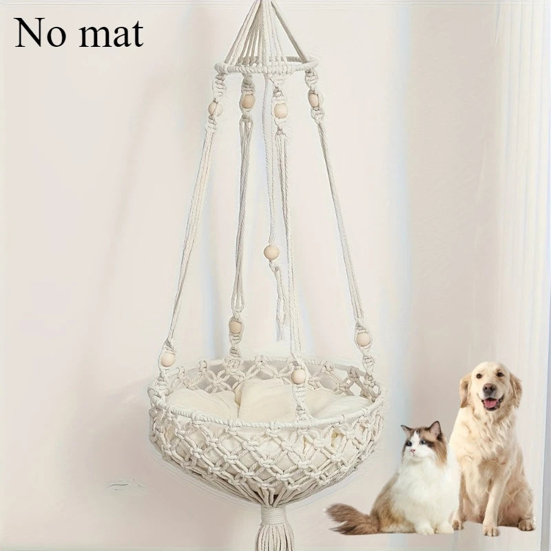 YICKYUE  -  1pcs Bohemian Handwoven Cotton Rope Cat Hammock - Hanging Rattan Bed for Indoor Cats  Pet Basket with Macrame Design