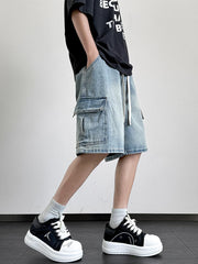 HEARUJOY  -  Summer Denim Shorts Men Korean Fashion Wide Leg Straight Jean Short Male Multi-Pocket Loose Fit Denim Cargo Shorts