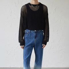 Hearujoy 2024 New Men's Vintage Loose Smock Tops Summer Fashion All-match Casual Geometic Hollow Out Outfits See-though Knit Shirts