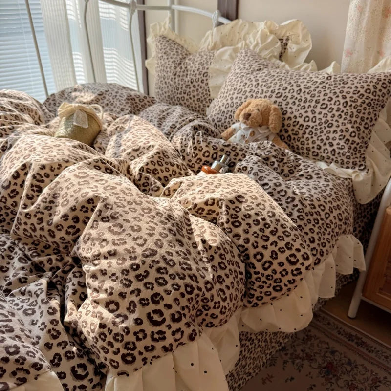 YICKYUE  -  3/4pc Ruffle Bedding Set Soft Washed Cotton Duvet Cover Set+ Bed Sheet+Pillowcases Leopard Dot Single Full Queen Home Bedclothes