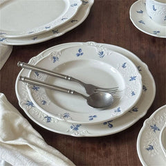 YICKYUE  -  Simple Blue Printing Tableware Kitchen Supplies White Relief Tableware Western Dessert Steak Cake Dim Sum Fruit Dish Set