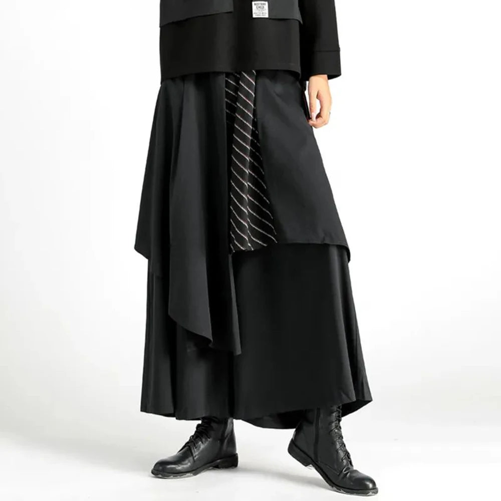 HEARUJOY  -  Mens Dark Style Double Layer Irregular Skirts 2024 New Genderless Casual Fashion Youth Loose Solid Color Wide Leg Pants Unisex