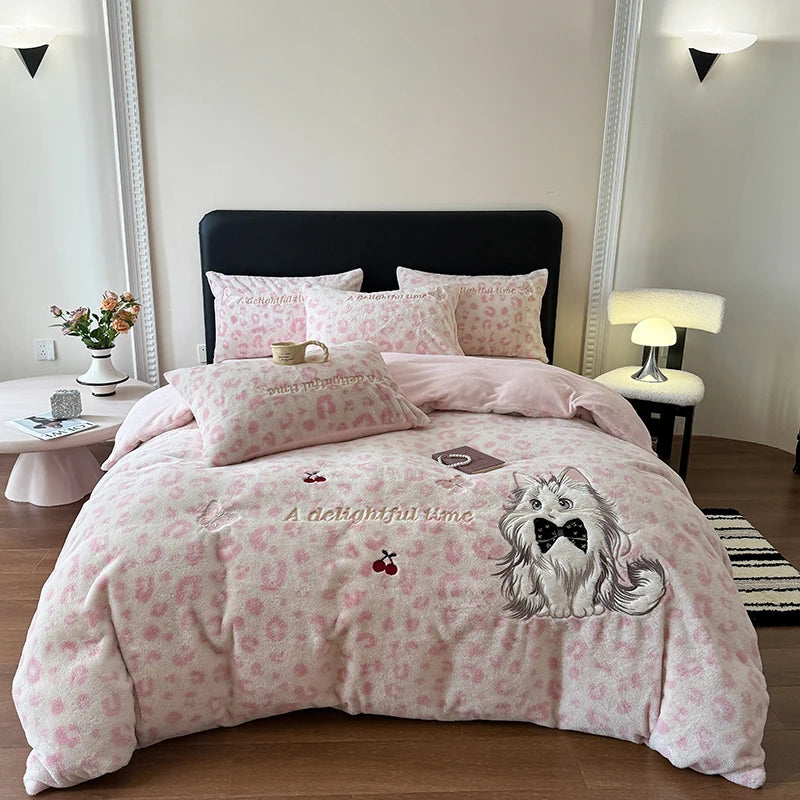 YICKYUE  -  Pink Leopard Print Cute Cat Embroidery Velvet Warm Winter Bedding Set Duvet Cover Bed Sheet/Fitted Sheet Pillowcases 3/4Pcs