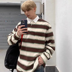 Hearujoy American Patchwork Contrasting Polo Shirt Men's Loose Spring Autumn Korean Casual Versatile Retro Striped Long Sleeved T-shirt