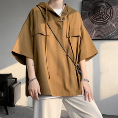 Hearujoy 5 Colors Summer Hooded T shirt Men Korean Half Sleeve Pullover Streetwear Loose T-shirt Tops Drawstring Men Clothing 5XL-M