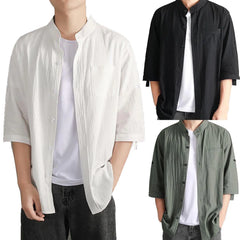 HEARUJOY  -  Loose Roll-Up Sleeves Men'S Button Down Shirt Men Fashion Spring Summer Casual Short Sleeve Turndown Neck Roupas Masculinas