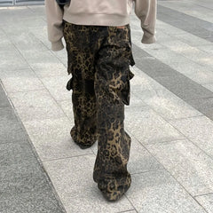 Hearujoy Y2k Retro Punk Baggy Jeans Multi Pocket Leopard Print Cargo Pants Women Slouchy Hip Hop Straight Wide Leg Pants Streetwear