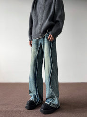 Hearujoy Retro Patchwork Vintage Jeans Men's Straight Leg Heavyweight Cleanfit High Street Deconstruction Wide Leg Slightly Flared Pants