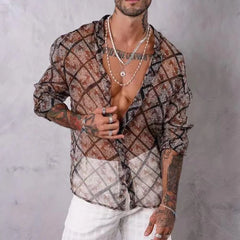 Hearujoy Men Shirt Printing Mesh Transparent Stand Collar Long Sleeve Streetwear Men Clothing 2024 Fashion Casual Camisas S-4XL