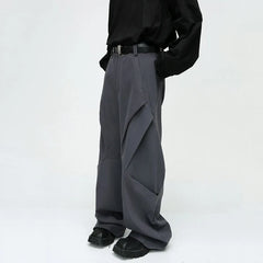Hearujoy Men's Trousers Solid Color Niche Design Pleated Splice Loose Casual Baggy Pant Trend Male Wide Leg Fold Streetwear 9C3088