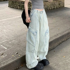 Hearujoy High Street Side Big Pockets Washed Baggy Mens and Womens Blue Jeans Pants Straight Ropa Hombre Loose Denim Trousers Oversized