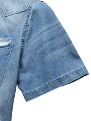 HEARUJOY  -  Men's summer blue short - sleeved denim shirt with ripped details. The ripped design elements showcase a trendy and casual style