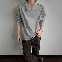 HEARUJOY  -  Autumn New Male Solid Color Irregular Long-Sleeved T-Shirt American Retro Fashion Trend Street Loose Casual Niche Men's Top