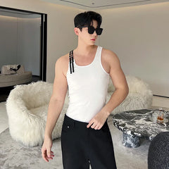 Hearujoy 2024 New Casual Adjustable PU Leather Straps Sleeveless Vest Korean Personality Design Fashion Slim Top Tank Top