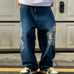 Hearujoy Gothic dragon pattern embroidery design high waist jeans men y2k street baggy jeans men high street hip hop casual jean