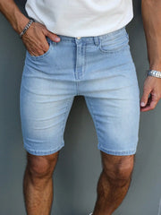 HEARUJOY  -  Blue washed men's denim shorts, featuring a casual style, with a length of knee-length shorts, suitable for summer wear.