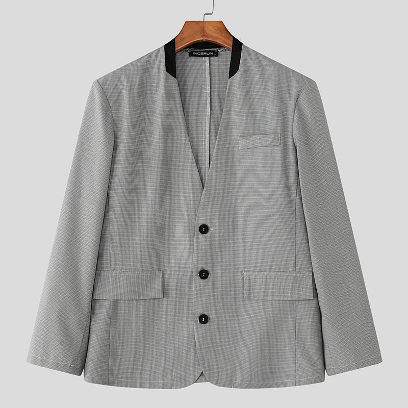 HEARUJOY  -  Men Blazer Plaid Patchwork V Neck Button Long Sleeve Casual Suit Men Streetwear Elegant Fashion Male Coats Blazer
