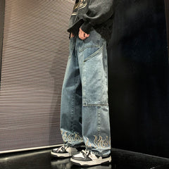 Hearujoy 2024 Spring New Personality Embroidery Men's Baggy Jeans Streetwear Loose Straight Denim Trousers Male Brand Clothing