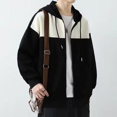 HEARUJOY  -  Autumn Winter Mens Fashion Minimalist Versatile Hooded Cardigan Sweatshirt Classic Loose Patchwork Casual Sports Jacket