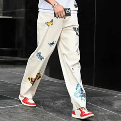 Hearujoy Mens Street Y2k Butterfly Print Casual Trousers Genderless Sports Running Basketball Loose Casual Fashion Straight Pants Unisex