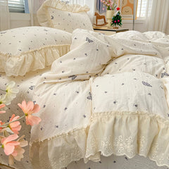 YICKYUE  -  French Korean Style Butterfly Lace Bedding Set and Components Soft Cotton Duvet Cover Set Bed Sheet Pillowcases for Bedroom