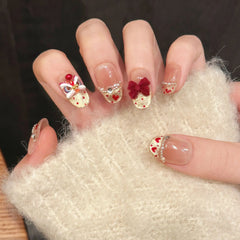 YICKYUE  -  Handmade New Year Press on Nails Shiny Gold Powder Lucky Lion False Nails Wearable Full Cover French Cat Eye Fake Nail Tips