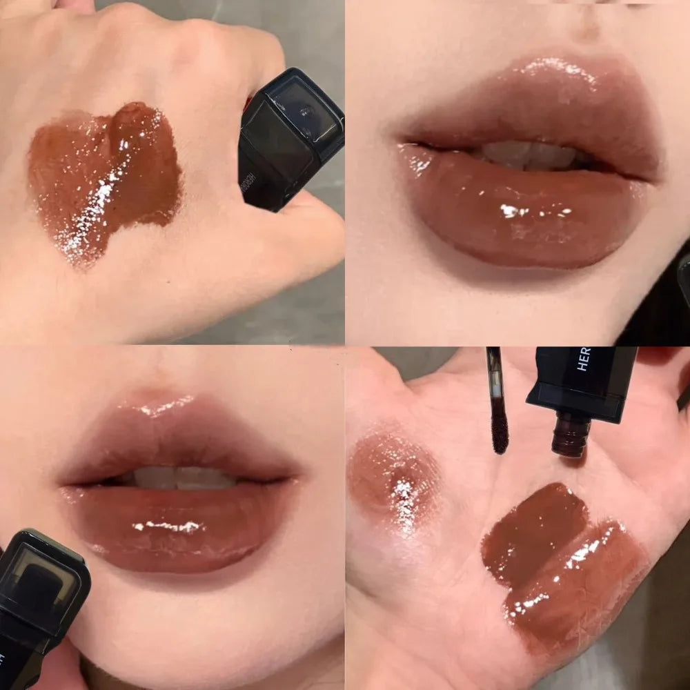 YICKYUE  -  Wave Shape Green Brown Mirror Lip Tint Glass Clear Shine Lip Stain Water Light Non-Sticky Plumping Lip Long Lasting Makeup