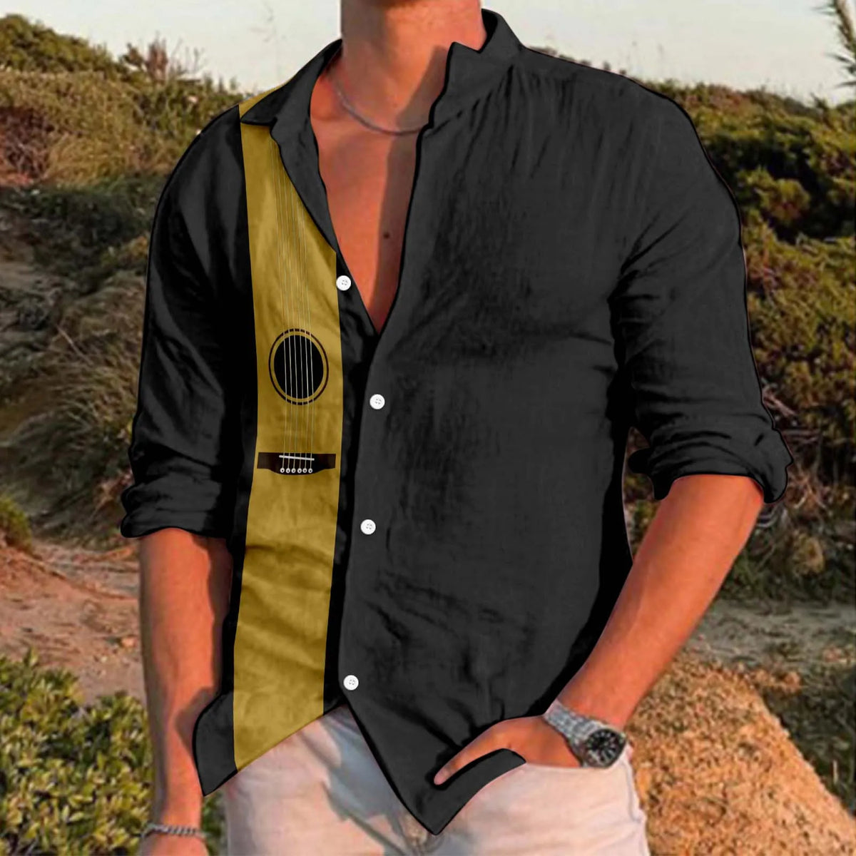 YICKYUE  -  Trendy Regular Cuff Men'S Button Down Shirt Male Casual Music Print Plus Size Shirt Long Sleeve Turn Down Shirt рубашка