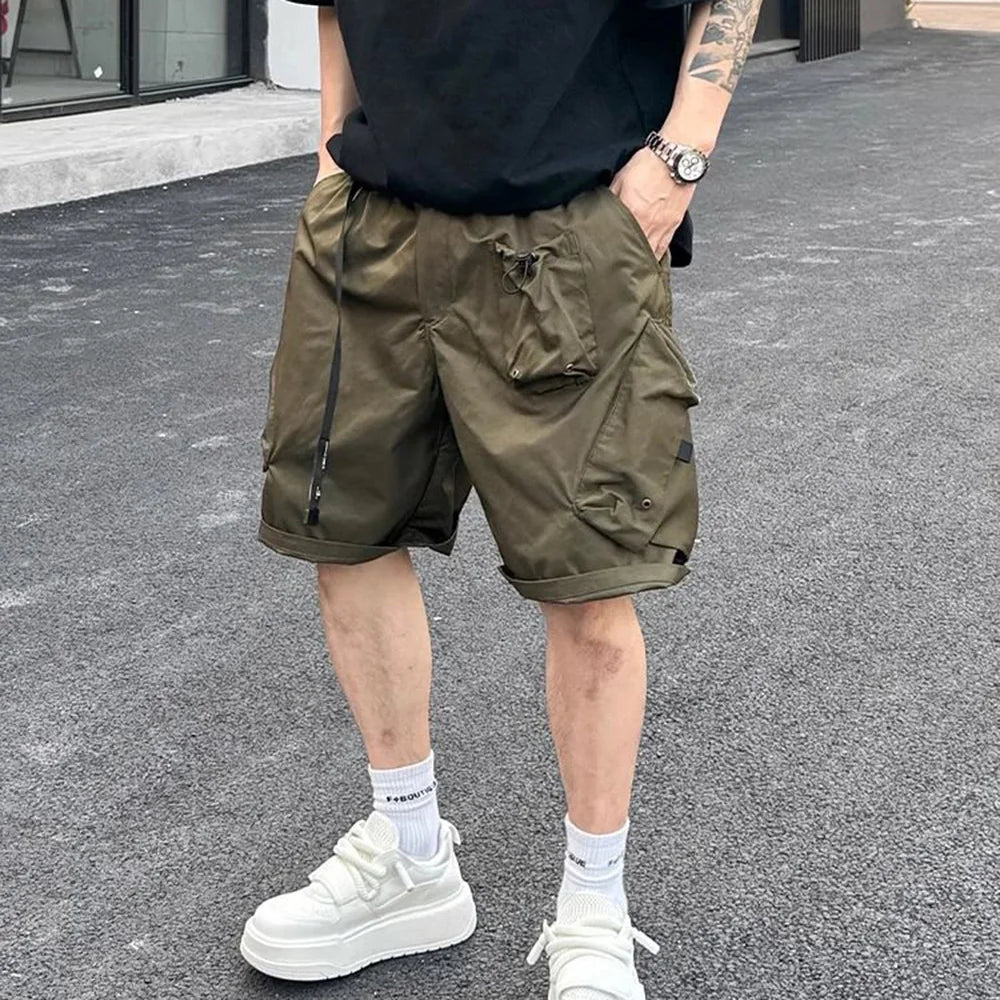 Hearujoy Summer Mens Workwear Shorts Simple American Style Retro Solid Color Loose Creativity Pockets Versatile Casual Daily Shorts