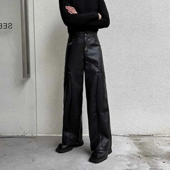 Hearujoy Men's Trousers New Fashionable PU Leather Wide Leg Casual Pants Korean Style Versatile Baggy Strtwear Trend Male C2993