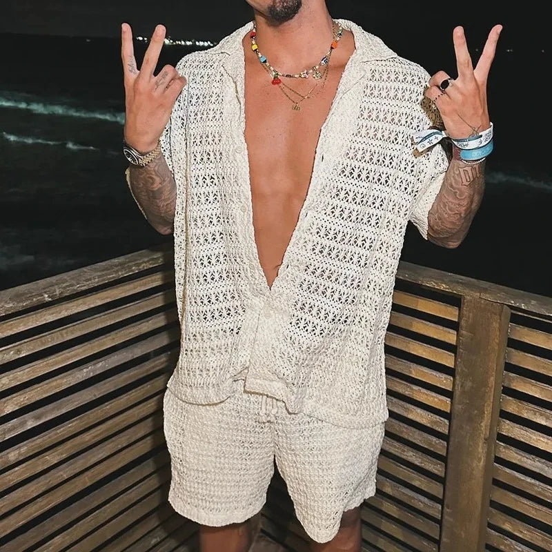 HEARUJOY  -  Summer Men's Knit Hollow Out Suits Sexy Jacquard Mesh Short Sleeve Shirt And Shorts Two Piece Set Fashion Knitted Sports Outfits
