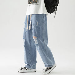 Hearujoy New Men Baggy Ripped Jeansripped Trousers Hip Hop New Mens Loose Jeans Neutral Pants Solid Color Women Oversized  Straight Jeans