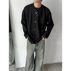 HEARUJOY  -  Autumn New Style Lazy Style Minimalist Casual Loose Fake Two Piece Hoodie Cardigan Men Solid Color Henley Neck Top Jacket