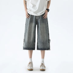 Hearujoy Korean Style Zipper Decor Men's Jeans Sixer Pants Summer Male Wide Leg Shorts 2024 Washed Fashion Loose Casual Denim Trousers