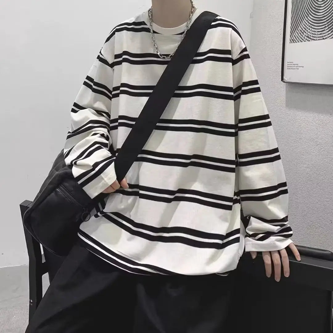 HEARUJOY  -  Loose Fit Men's Long Sleeve T Shirt 2026 Spring Autumn Striped Round Neck Base Layer Top Trendy Ins Hong Kong Style Couple Set