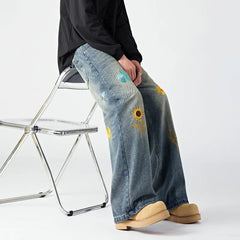 HEARUJOY  -  Hip Hop Trendy Jeans Mens Flower Embroidery Loose Straight Tube Cowboy Pants Size M-3XL Multiple Pockets Denim Trousers Male