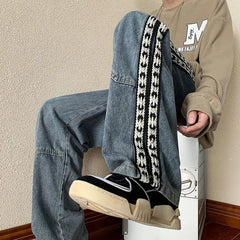 HEARUJOY  -  Ribbon Jeans Men Summer American Street Spring and Autumn Pants Retro Floor-length Wide-leg Pants High Street Straight Pants