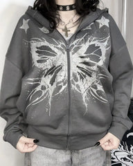 HEARUJOY  -  High street American y2k butterfly pattern print retro zipper hoodie women's casual loose and versatile couple goth sweatshirt