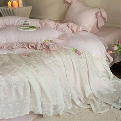 YICKYUE  -  French Lace Ruffles Princess Wedding Bedding Set Pure Cotton Double Layer Yarn Soft Duvet Cover Flat/Fitted Bed Sheet Pillowcase